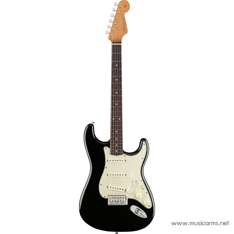 Black Fender Stratocaster-style electric guitar with a cream pickguard and rosewood fretboard, full view. ขายราคาพิเศษ