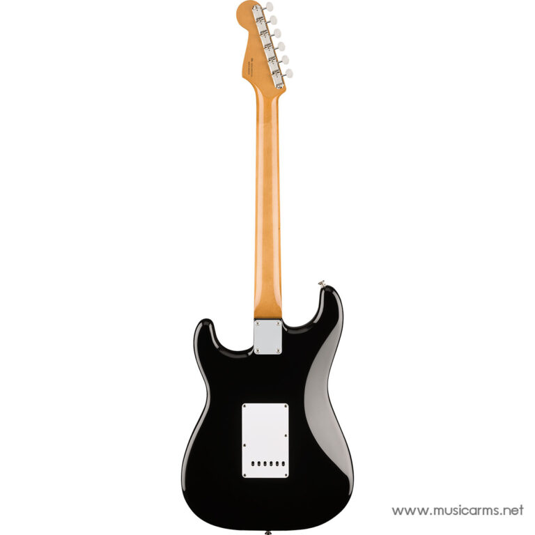 Rear view of a black solid-body electric guitar with a maple neck and chrome neck plate ขายราคาพิเศษ