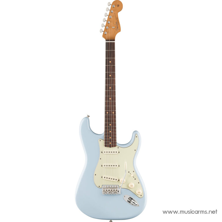 Light blue Fender Stratocaster-style electric guitar with cream pickguard, full-length view on white background. ขายราคาพิเศษ