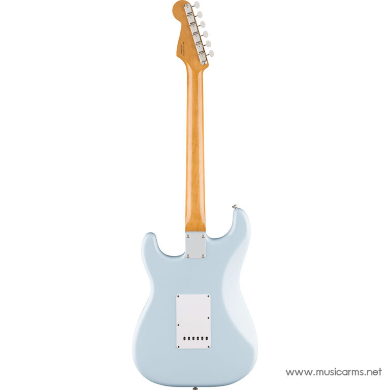 Back view of a light blue Strat-style electric guitar with a maple neck and rear plate ขายราคาพิเศษ