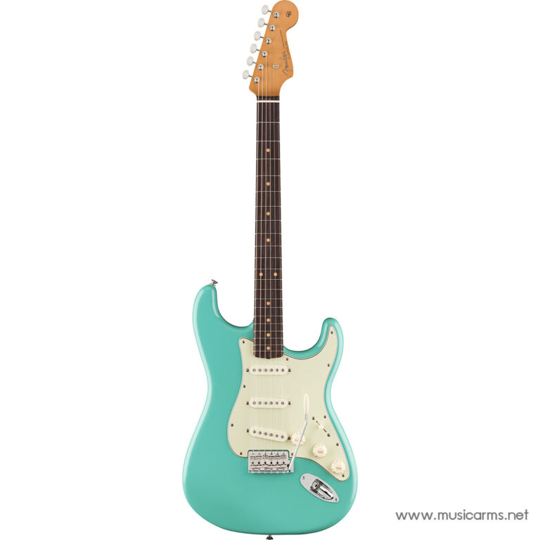 Turquoise Fender Stratocaster electric guitar with a white pickguard and three single-coil pickups on a white background. ขายราคาพิเศษ
