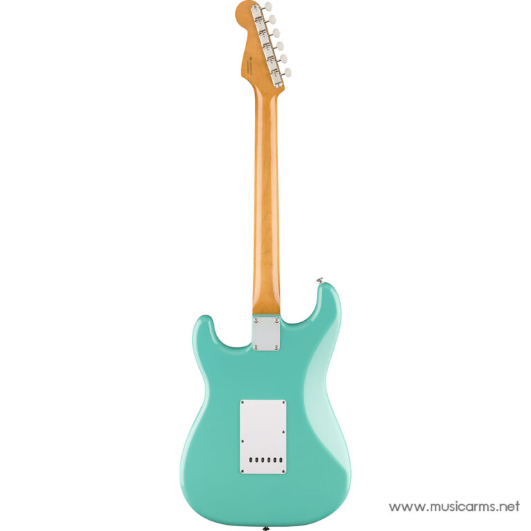 Back view of turquoise electric guitar with a maple neck and chrome back plates behind. ขายราคาพิเศษ