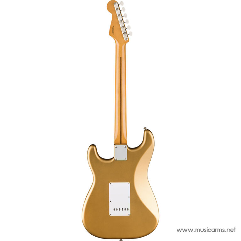 Back view of a gold electric guitar with a maple neck and white rear plates against a white background ขายราคาพิเศษ