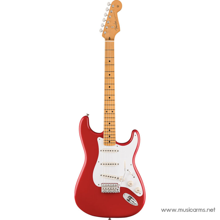 Red Fender Stratocaster electric guitar with a maple neck and white pickguard against a white background. ขายราคาพิเศษ
