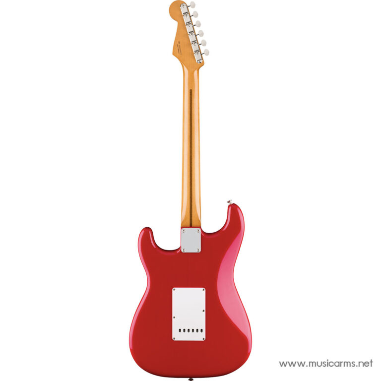 Back view of a red electric guitar with a maple neck and chrome back plates, body shape similar to a Stratocaster. ขายราคาพิเศษ