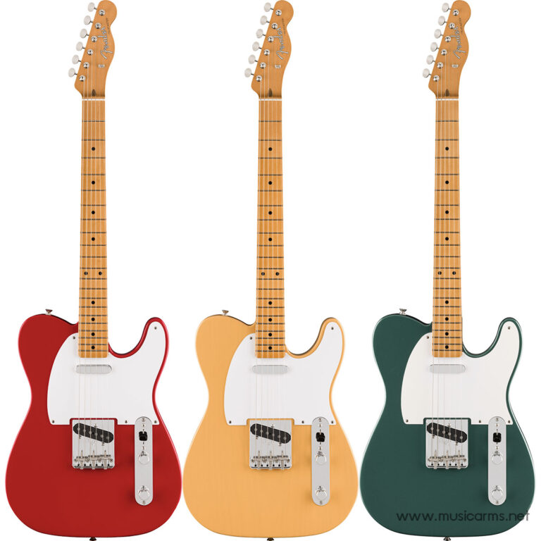 Three Fender Telecaster-style electric guitars in red, yellow, and green with white pickguards and maple necks, displayed from the front. ขายราคาพิเศษ