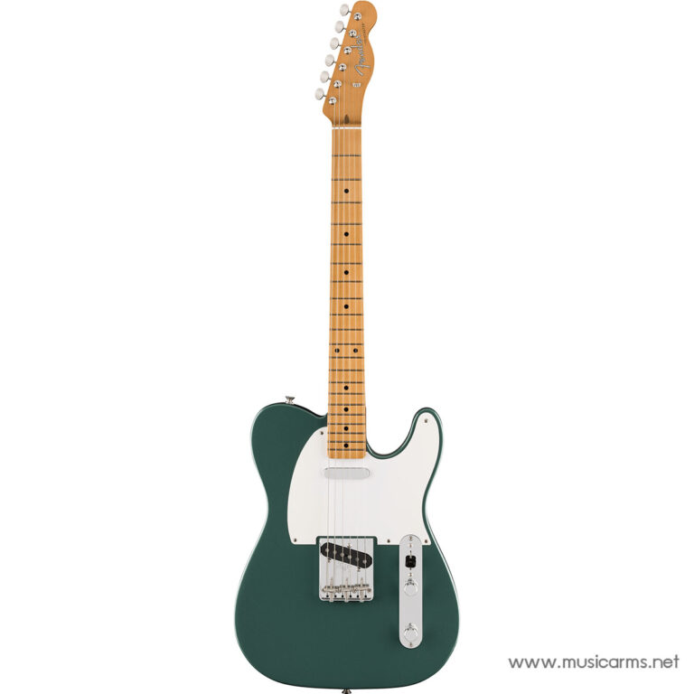 Telecaster-style electric guitar with a maple neck, green body, white pickguard, and chrome hardware shown upright. ขายราคาพิเศษ