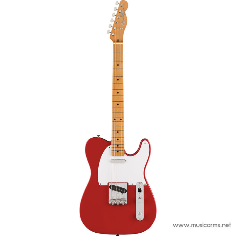 Red Fender-style Telecaster electric guitar with maple neck and white pickguard, shown full-length against a white background with a music website watermark. ขายราคาพิเศษ