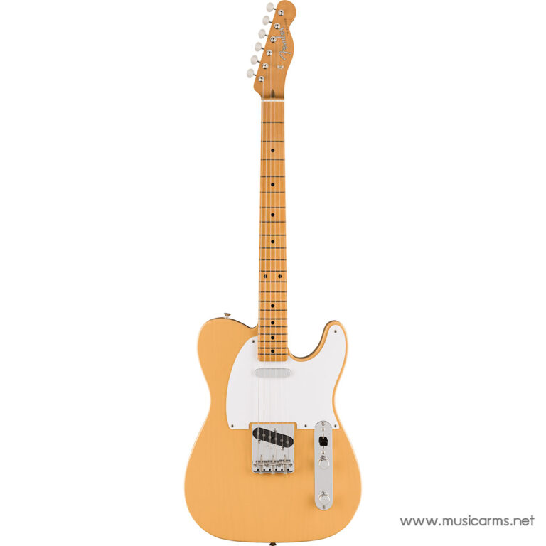 Yellow Fender Telecaster-style electric guitar with maple neck and white pickguard on a white background, watermarked www.musicarms.net ขายราคาพิเศษ