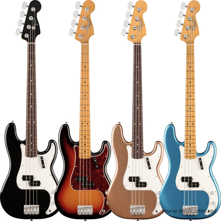 Four electric bass guitars standing upright in a row: black with white pickguard, sunburst with tortoiseshell pickguard, copper metallic, and blue finish against a white background (brand-like headstocks visible). ขายราคาพิเศษ
