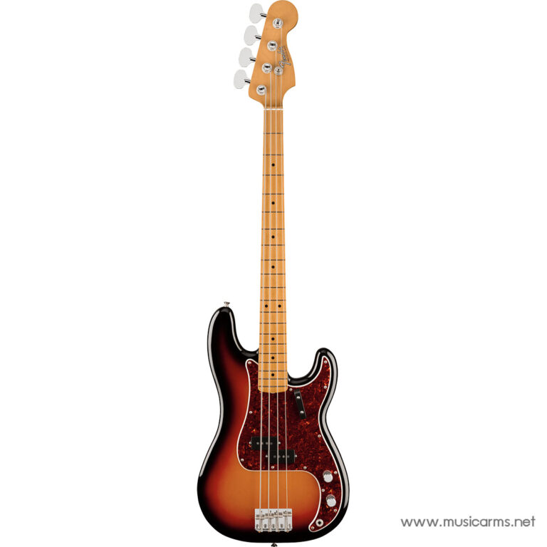 Electric bass guitar in sunburst finish with maple neck, tortoiseshell pickguard, and four strings on a white background ขายราคาพิเศษ