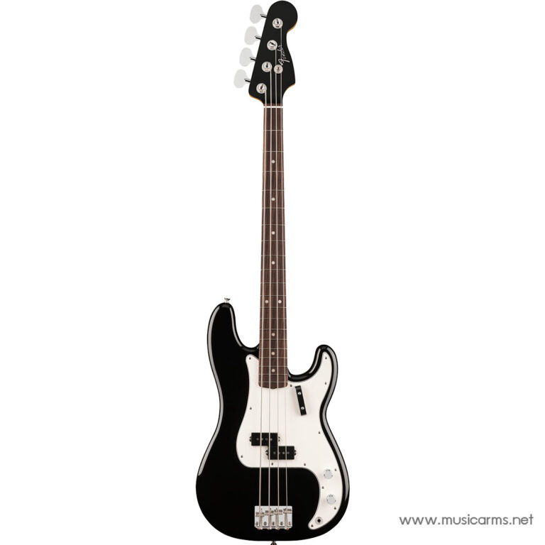 Black electric bass guitar with a white pickguard, four strings, maple neck, and chrome hardware, shown against a white background. ขายราคาพิเศษ