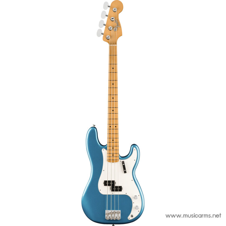 Blue electric bass guitar with maple neck and white pickguard. ขายราคาพิเศษ