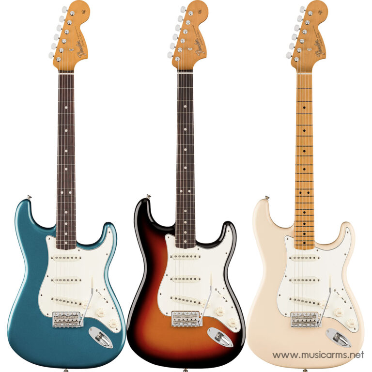 Three Fender Stratocaster electric guitars in teal, sunburst, and cream, lined up with white pickguards on a white background. ขายราคาพิเศษ