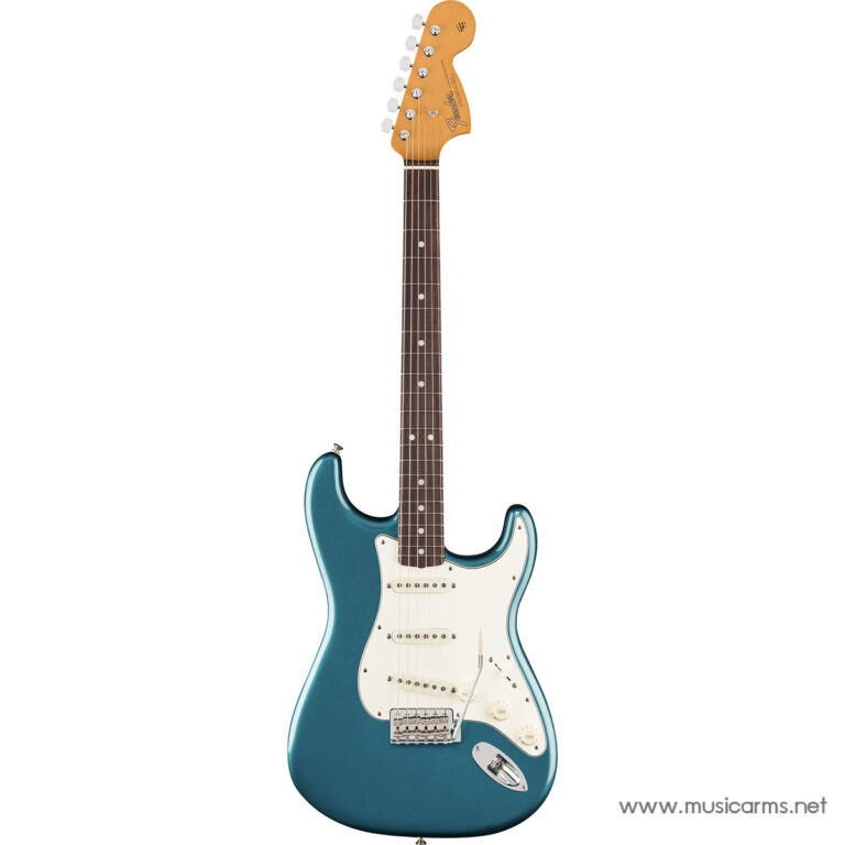 Teal Fender Stratocaster-style electric guitar with white pickguard on a white background. ขายราคาพิเศษ