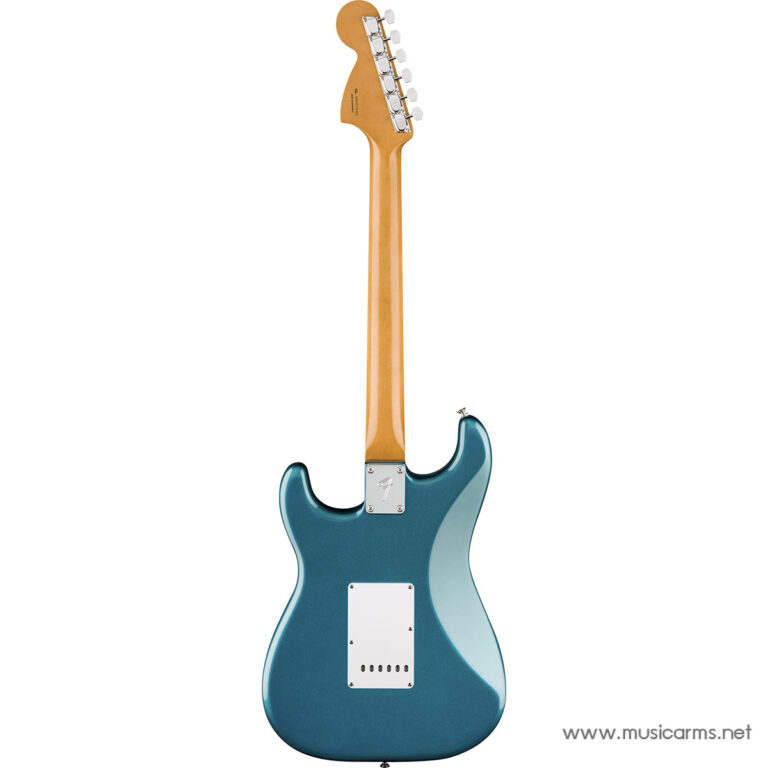 Back view of a teal blue solid-body electric guitar with a maple neck, chrome tuners, and a white back plate. ขายราคาพิเศษ