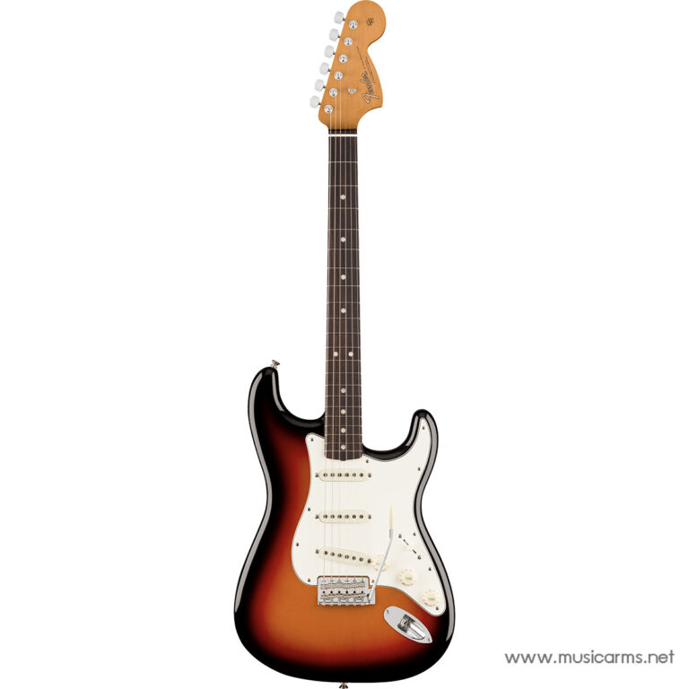 Sunburst Fender Stratocaster-style electric guitar with white pickguard on a white background ขายราคาพิเศษ
