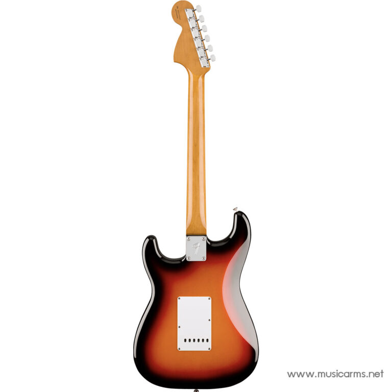 Rear view of a sunburst Fender-style Stratocaster electric guitar with a maple neck and headstock, showing the back plate on the body. ขายราคาพิเศษ