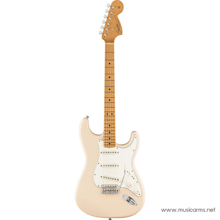 Cream Fender Stratocaster-style electric guitar with maple neck, white pickguard, three single‑coil pickups and tremolo bridge ขายราคาพิเศษ