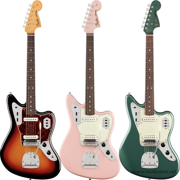Three Fender Jaguar electric guitars in sunburst, pink, and green, displayed upright on a white background with white pickguards. ขายราคาพิเศษ