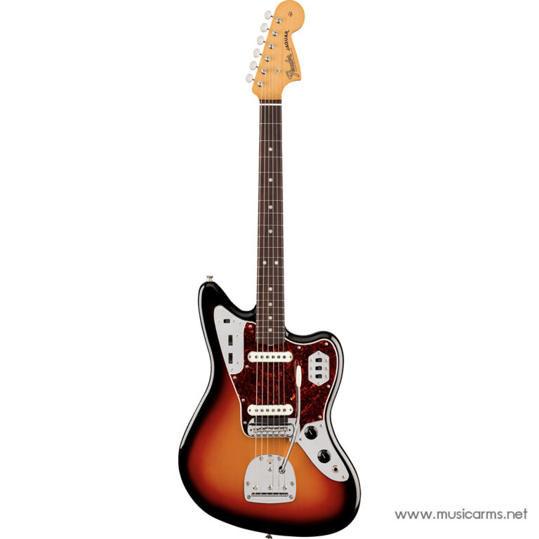 Sunburst Fender Jaguar electric guitar with a tortoiseshell pickguard and white pickups on a white background ขายราคาพิเศษ