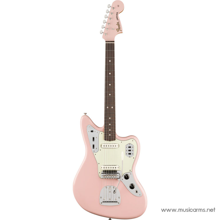 Pink Fender Jaguar electric guitar with white pickguard, full-length against white background, chrome hardware visible. ขายราคาพิเศษ