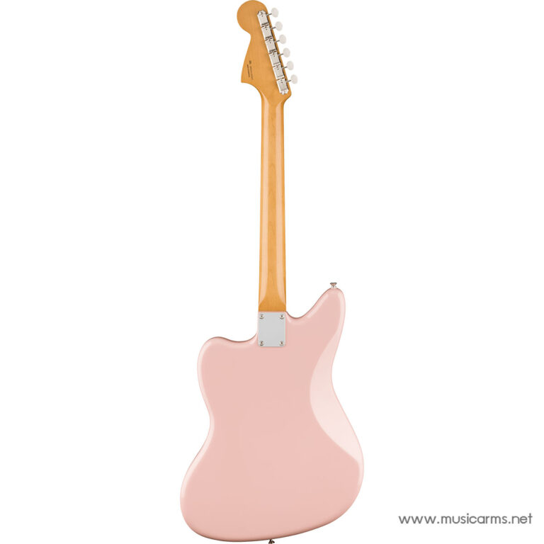 Back view of a pastel pink electric guitar with a maple neck and white tuning pegs, shown from behind ขายราคาพิเศษ