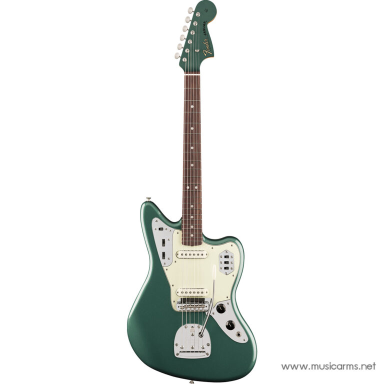 Green Fender Jaguar electric guitar with a white pickguard and brown fretboard, shown upright on a white background. ขายราคาพิเศษ