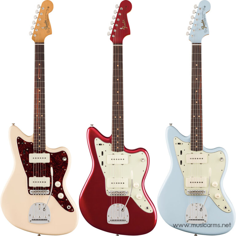 Three Fender-style electric guitars in cream, red, and light blue finishes with white pickguards, arranged side by side. ขายราคาพิเศษ