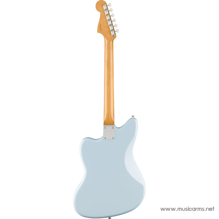 Back view of a light blue electric guitar with a maple neck and six chrome tuners, shown from behind. ขายราคาพิเศษ
