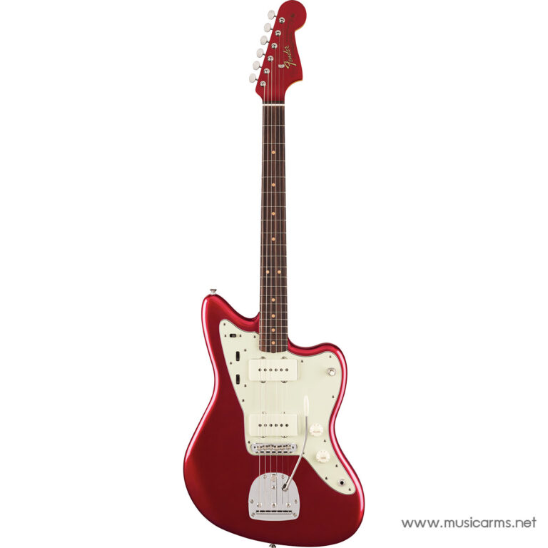 Red Fender electric guitar with white pickguard and two pickups on a white background. ขายราคาพิเศษ