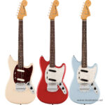 Three Tele-style electric guitars: cream, red, and light-blue with white pearloid pickguards, aligned side by side. ลดราคาพิเศษ