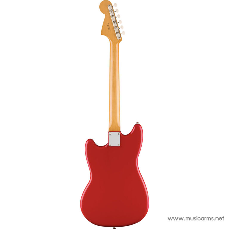 Red electric guitar viewed from the back with a maple neck running upward and a silver neck plate at the body joint. ขายราคาพิเศษ