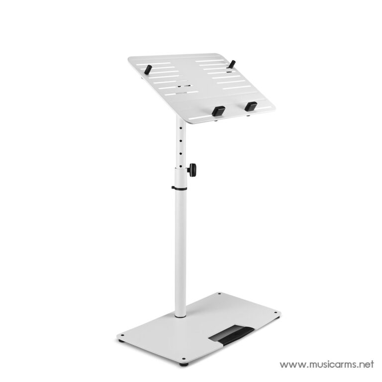 White adjustable music stand with a perforated tray on a telescoping white pole and a wide base on the floor. ขายราคาพิเศษ