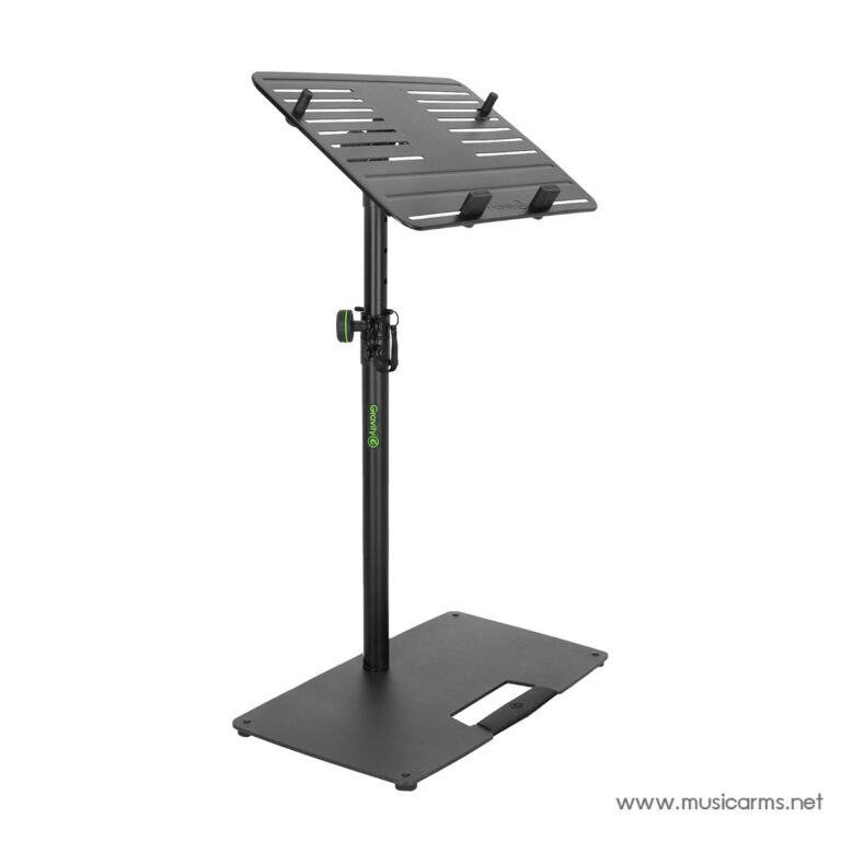 Adjustable sheet music stand with a tilting perforated tray on a black vertical pole and rectangular base for holding music scores ขายราคาพิเศษ