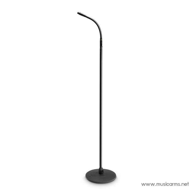 Black adjustable microphone stand with curved gooseneck and round base on a white background. ขายราคาพิเศษ