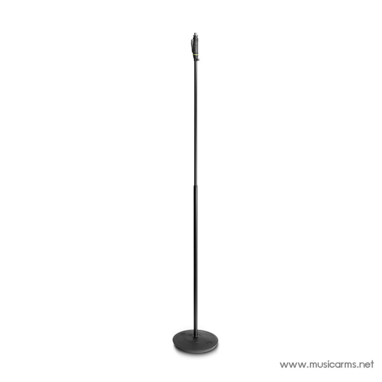 Floor-standing microphone stand with a clip-on mic at the top on a round base ขายราคาพิเศษ