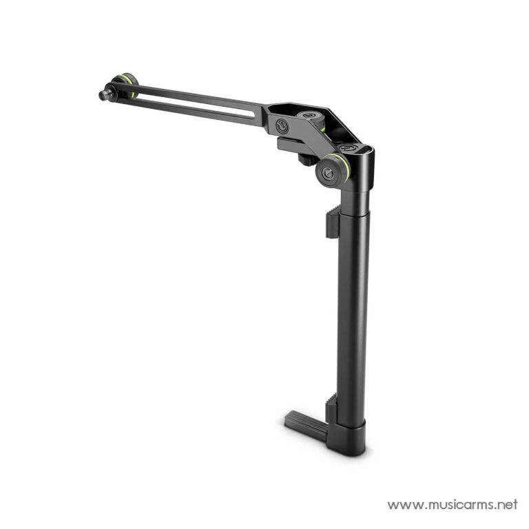 Adjustable black microphone boom arm mounted to a vertical stand with clamps and joint joints, photographed against a white background, brand visible at corner. ขายราคาพิเศษ