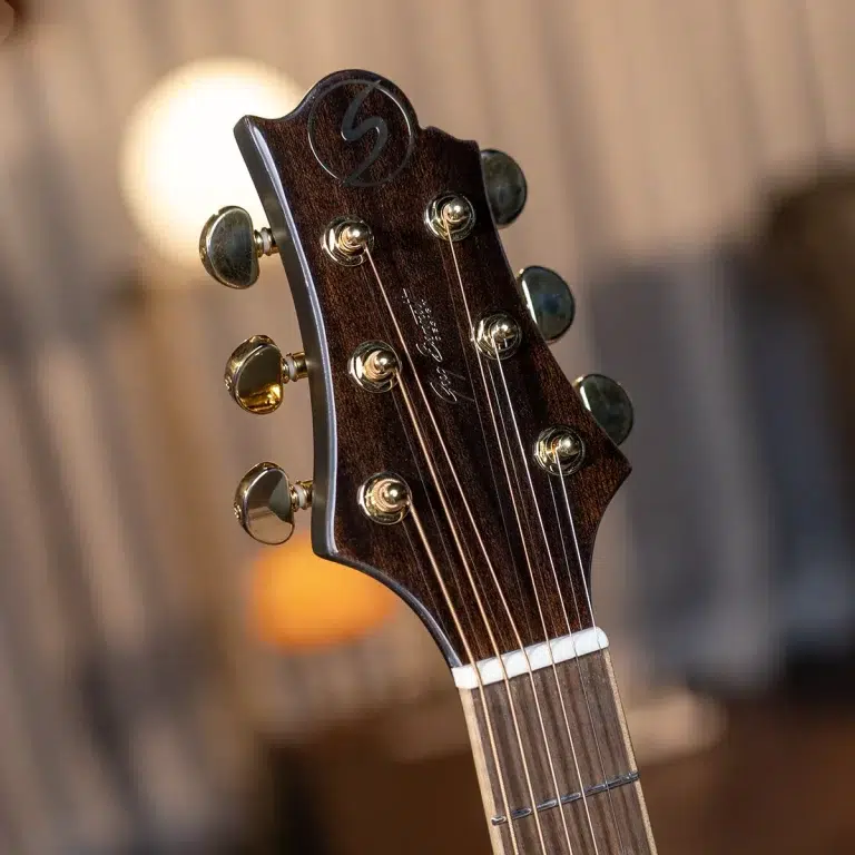 Close-up of a dark wood guitar headstock with six gold tuning pegs and strings, against a warm, blurred background. ขายราคาพิเศษ