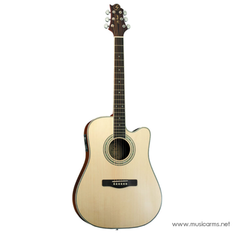 Natural wood-finish acoustic guitar with a single cutaway and six strings ขายราคาพิเศษ