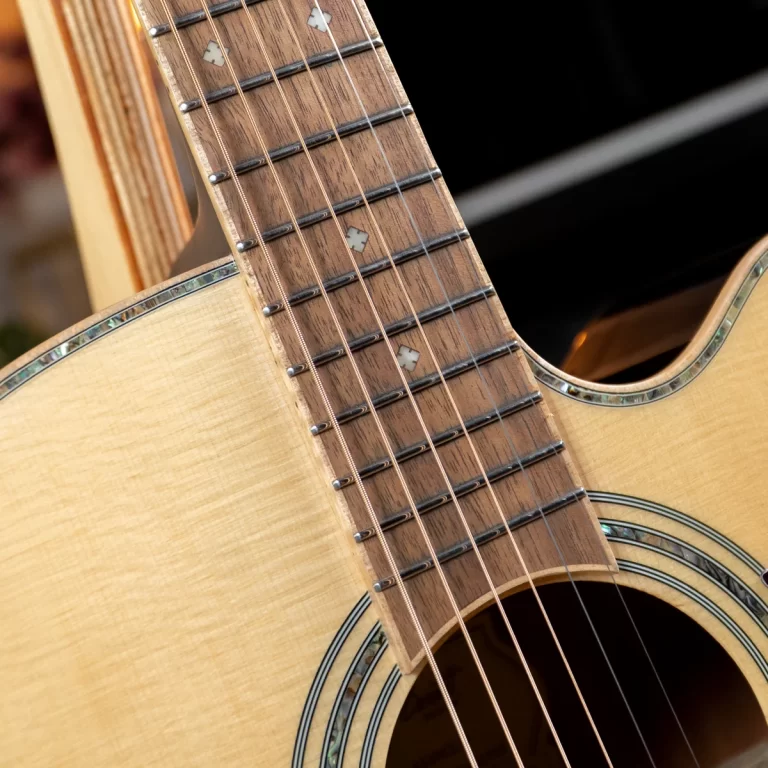 Close-up of an acoustic guitar neck with fretboard, strings, and inlays. ขายราคาพิเศษ