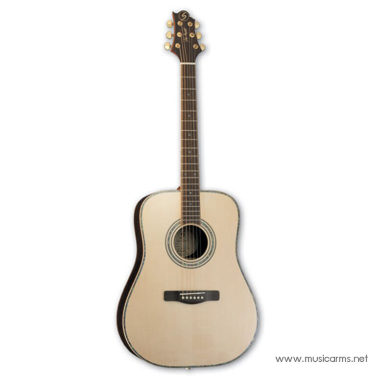 Acoustic guitar with light wood top, dark sides, and six strings visible, shown full front view with headstock at top. ขายราคาพิเศษ