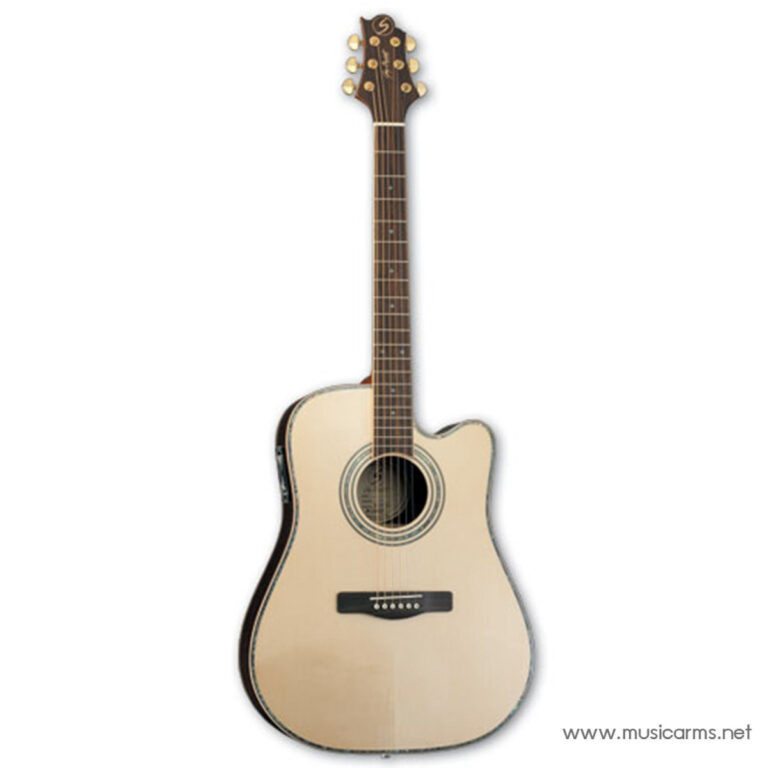 Full-length acoustic guitar with a light natural wood top and dark sides, shown from headstock to body (six strings visible). ขายราคาพิเศษ