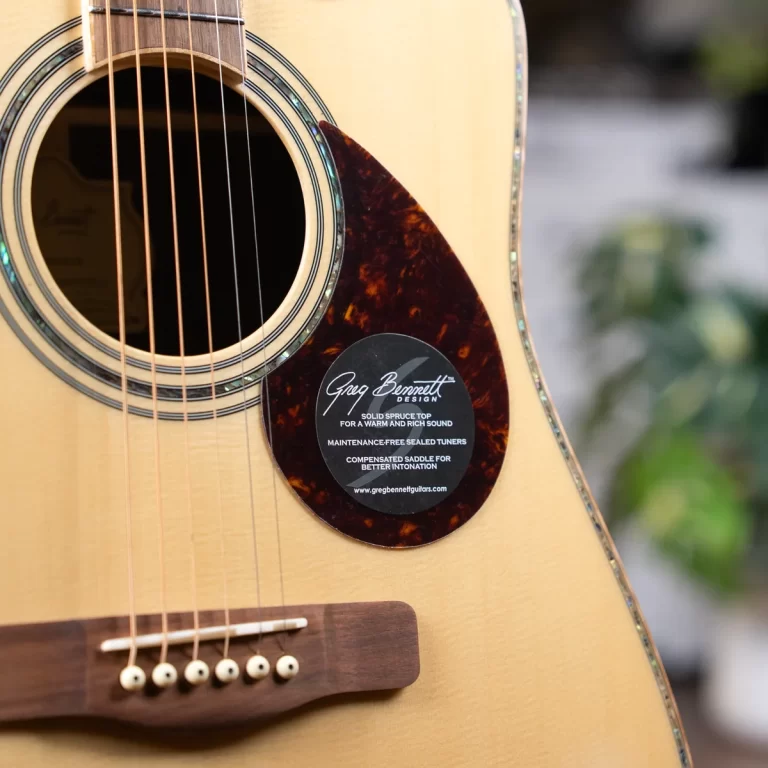 Close-up of an acoustic guitar body with soundhole, six strings, and a tortoiseshell pickguard bearing a Greg Bennett Design label. ขายราคาพิเศษ