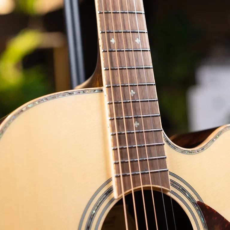 Close-up of an acoustic guitar neck and body, showing fretboard with small diamond inlays and six strings over the soundhole. ขายราคาพิเศษ