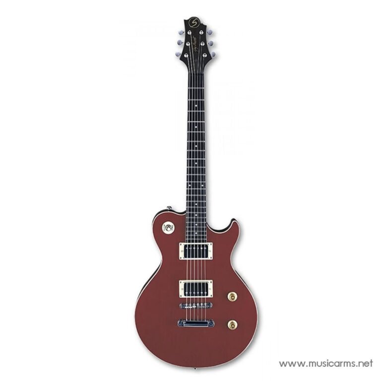 Red single-cutaway electric guitar with two humbucker pickups and chrome hardware on a white background. ขายราคาพิเศษ