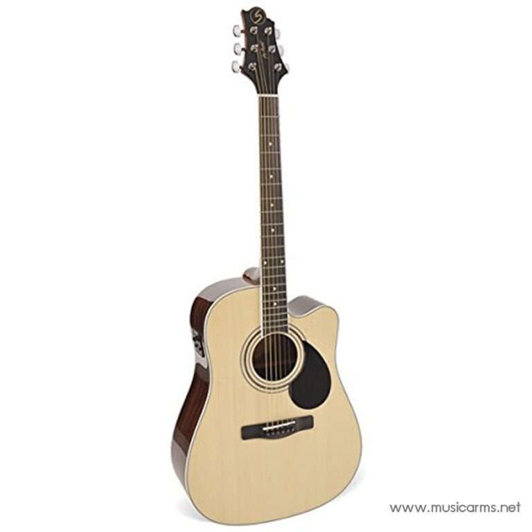 Acoustic guitar with a natural wood finish, facing forward to show the sound hole, rosette, and six tuners on the headstock ขายราคาพิเศษ