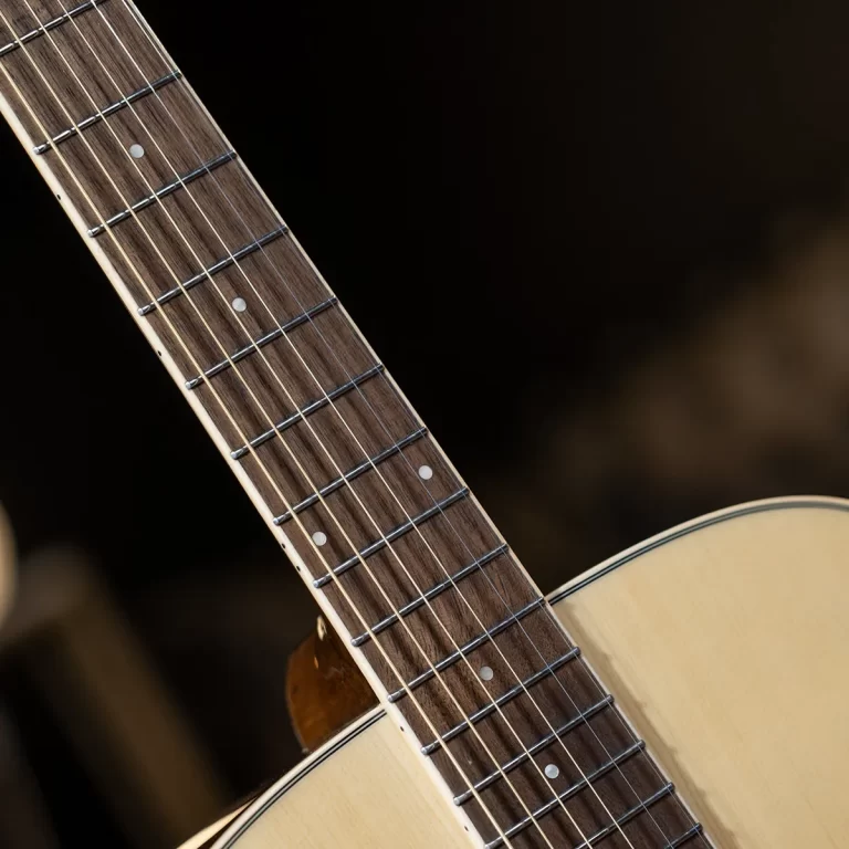 Close-up of an acoustic guitar neck showing frets, strings, and fret markers on a wooden fretboard on a dark background. ขายราคาพิเศษ