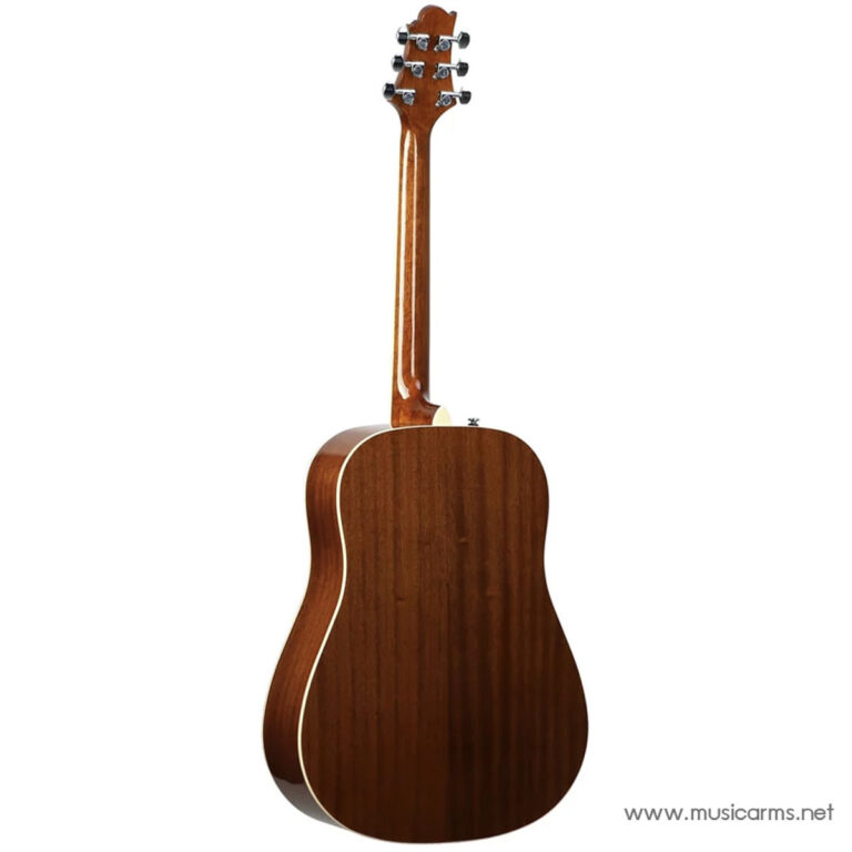 Back view of a brown wood acoustic guitar with a glossy finish and white binding along the edges. ขายราคาพิเศษ