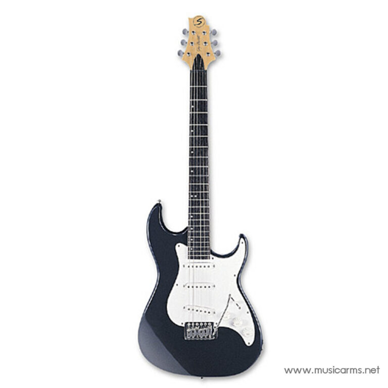 Full view of a black solid-body electric guitar with a white pickguard and six strings on a white background, resembling a Stratocaster-style instrument. ขายราคาพิเศษ
